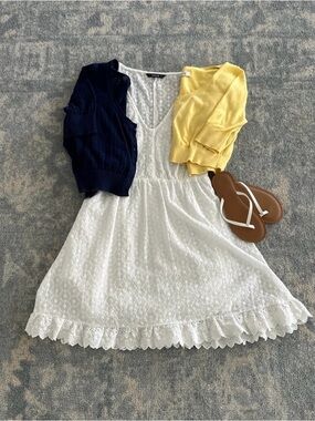 SHEIN White Eyelet Ruffle Summer Dress with Navy & Yellow Cardigans